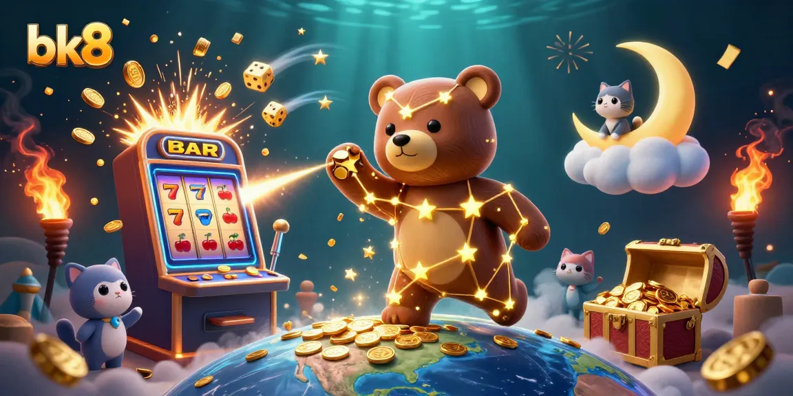 Experience bk8 excitement with a golden constellation bear and vibrant casino symbols