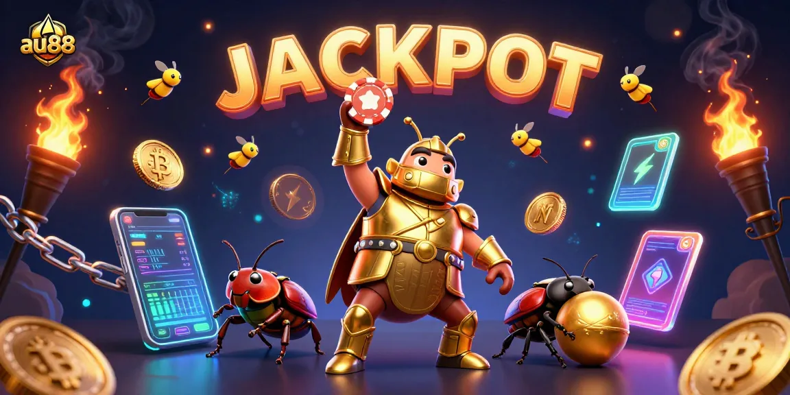 Experience excitement at au88 with a victorious hercules beetle lifting a poker chip in a vibrant casino scene.