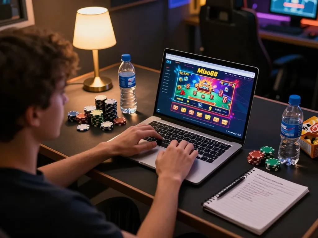 Miso88 player engaged in strategic online gaming session, showcasing vibrant platform interface and cozy setup