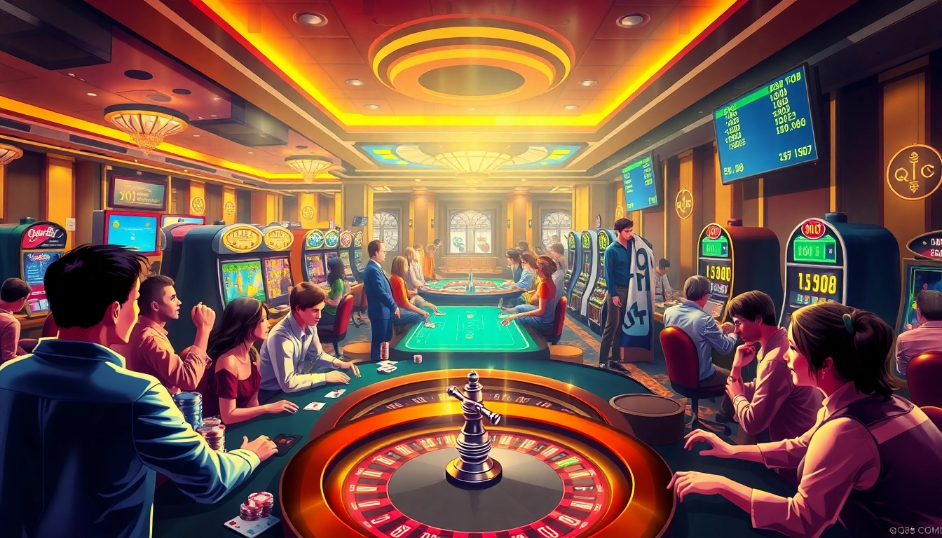 Experience the excitement of QQ88 COM's online casino with vibrant gaming scenes and enthusiastic players.