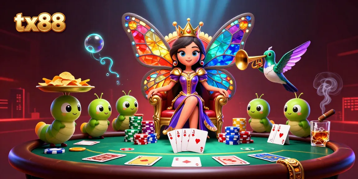Experience the vibrant casino scene at tx88 with a whimsical butterfly queen and colorful gaming elements.