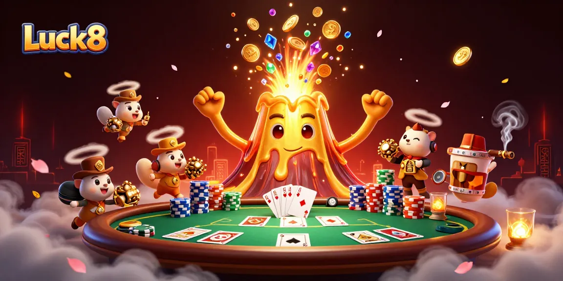 Experience excitement at Luck8 with thrilling poker action and treasures amidst a volcano erupting coins.
