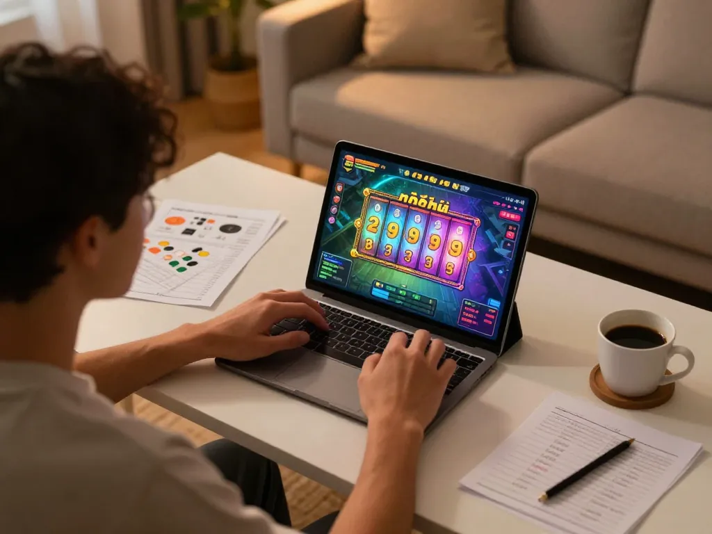 Engaging in an exciting game nổ hũ session on a tablet at home, showcasing vibrant interactive interface.