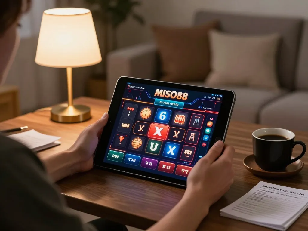 MISO88 player engaging in online casino gaming from home with tablet, showcasing a cozy setup