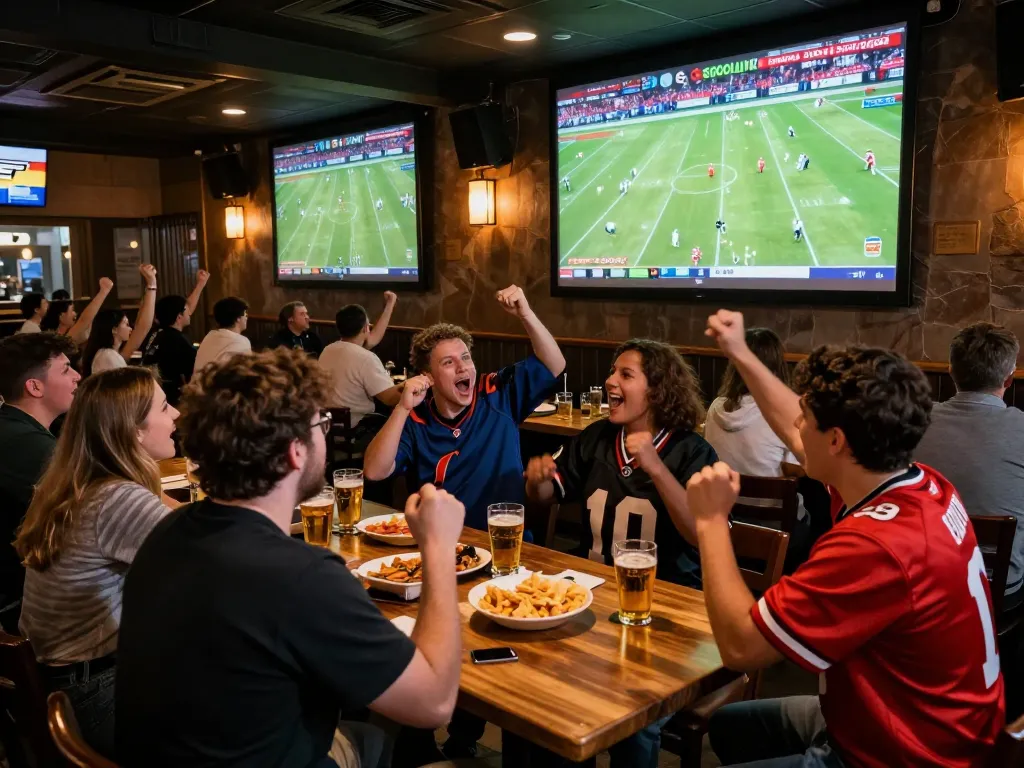 Socolive screens showcase live football excitement in a vibrant sports bar setting.