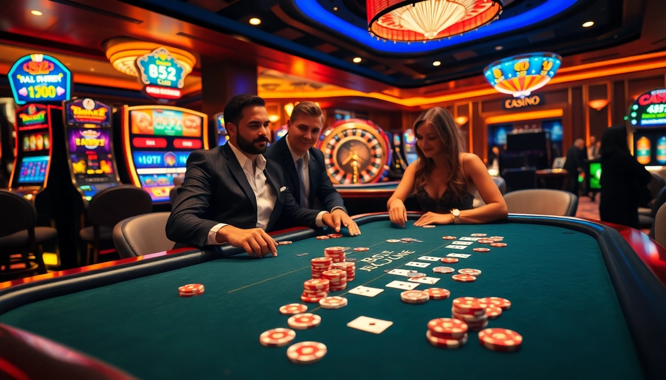 B52 Club players strategizing at a vibrant casino table with poker chips and cards.
