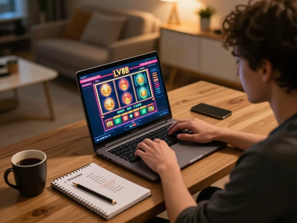 Engaging in online gaming at LV 88, showcasing vibrant casino interface on laptop.