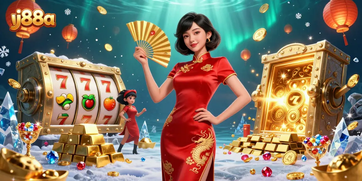 Experience thrilling slots action with vj88a, featuring a captivating Asian woman in a dynamic casino scene filled with treasures.