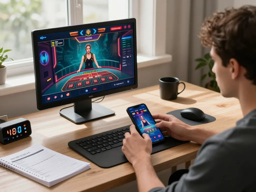 Engaged in mobile gaming on https://tr88bet.com/ with live dealer game displayed on smartphone.