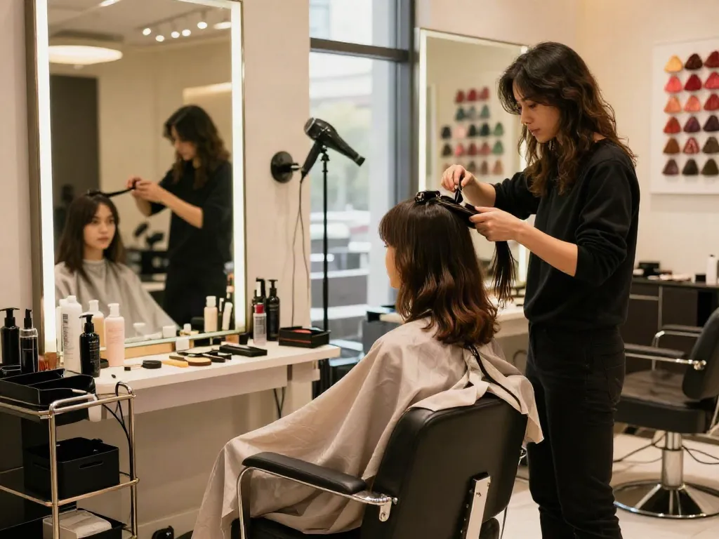 Applying genius weft extensions in a modern salon, hairstylist working with vibrant hair products.