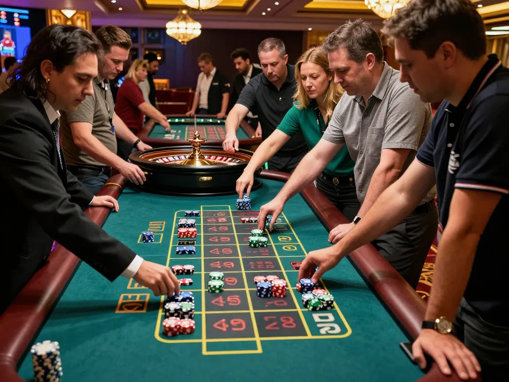 Engaging players placing bets at a roulette table in a bustling casino go8 scene