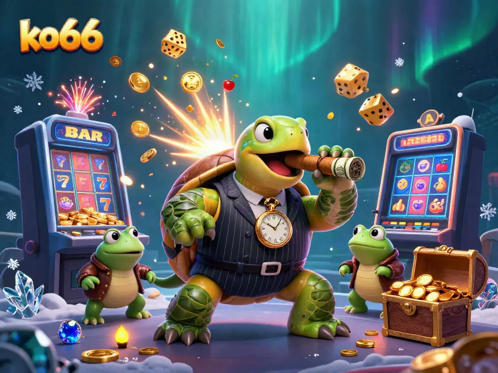 Experience an exciting scene with ko66 featuring a Turtle in a pinstripe suit amidst casino elements conveying a winning atmosphere.