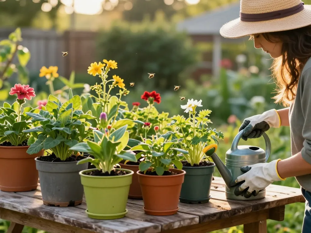 Jardinero aplicando fertilizante en un vibrante jardín orgánico, nutriendo plantas saludables.