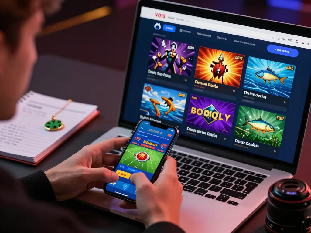 Engaged user exploring 8KBET online gambling platform on smartphone amidst vibrant gaming options.