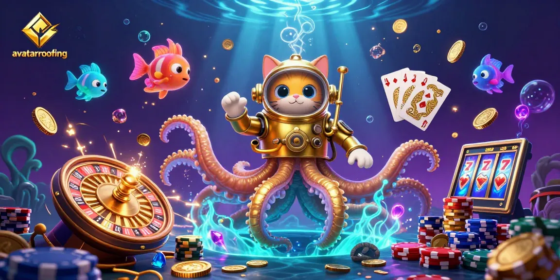 avatarroofing showcases a thrilling gambling scene with a kraken and a diving cat amidst radiant casino elements.