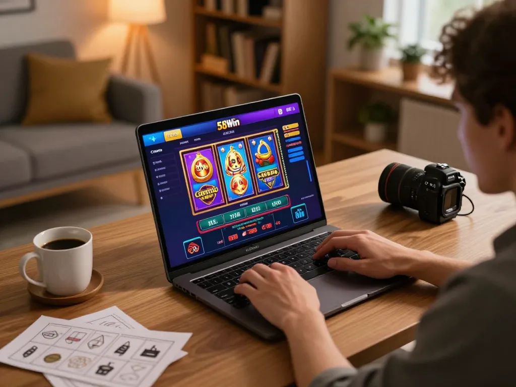 Engaging with the 58Win online casino interface on a laptop at home, highlighting responsible gaming.