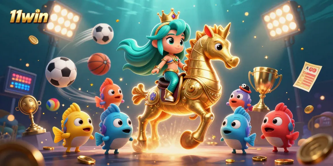 11WIN showcases vibrant underwater casino action with mermaid and giant seahorse in dynamic sports betting scene.