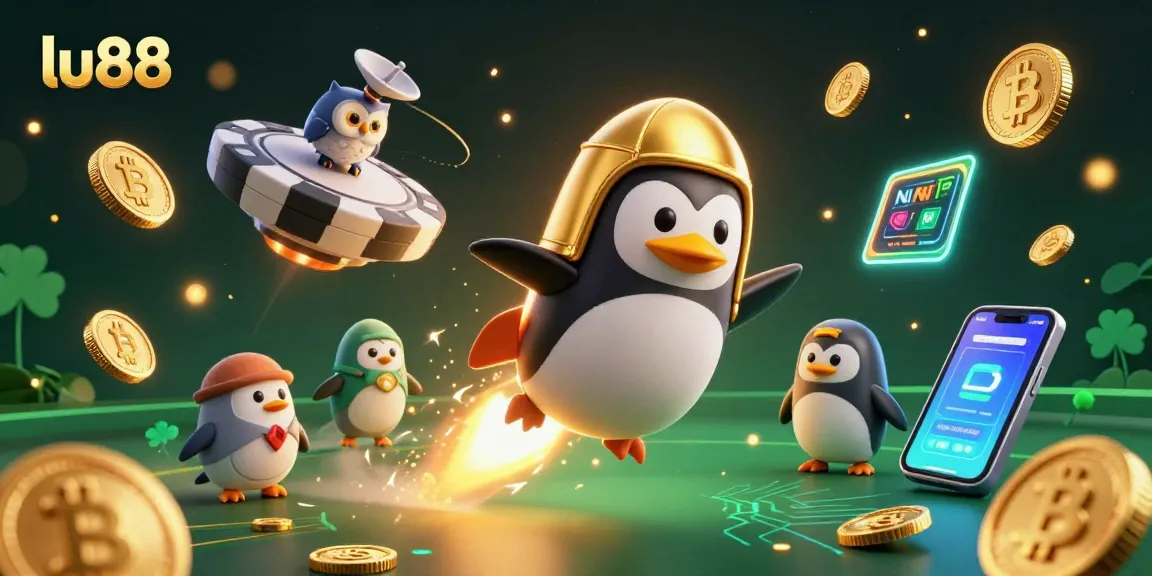 Experience thrilling wins at lu88 with a captivating space-themed casino adventure featuring a golden penguin and crypto coins.