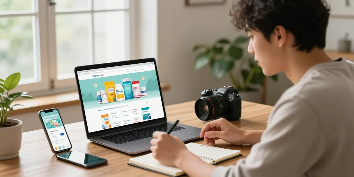 Engaged user exploring options to buy ketamine online at home, showcasing an inviting workspace with health products.