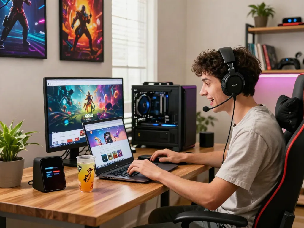 Engaged user on gem 88 website in a cozy home office, showcasing online gaming culture.