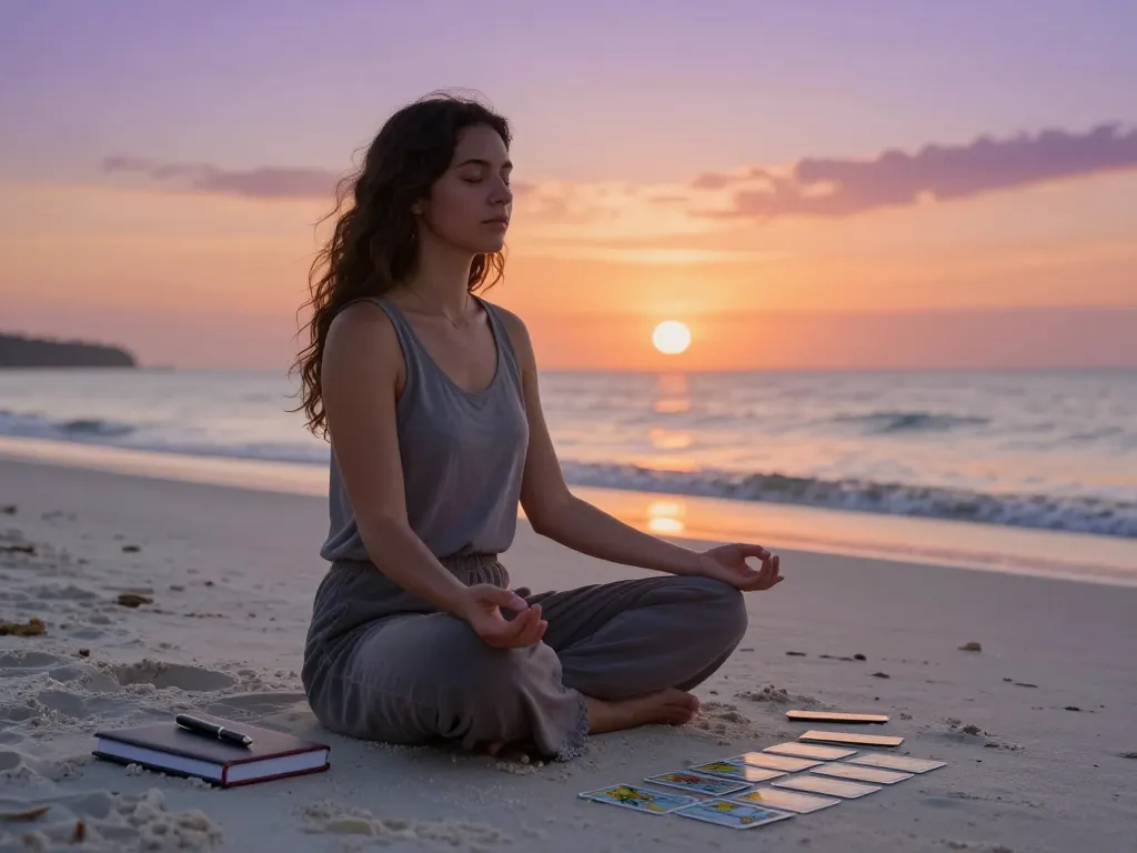 Woman meditating on a beach sunset, exploring why can’t I stop thinking about someone, with tarot cards and journal nearby.