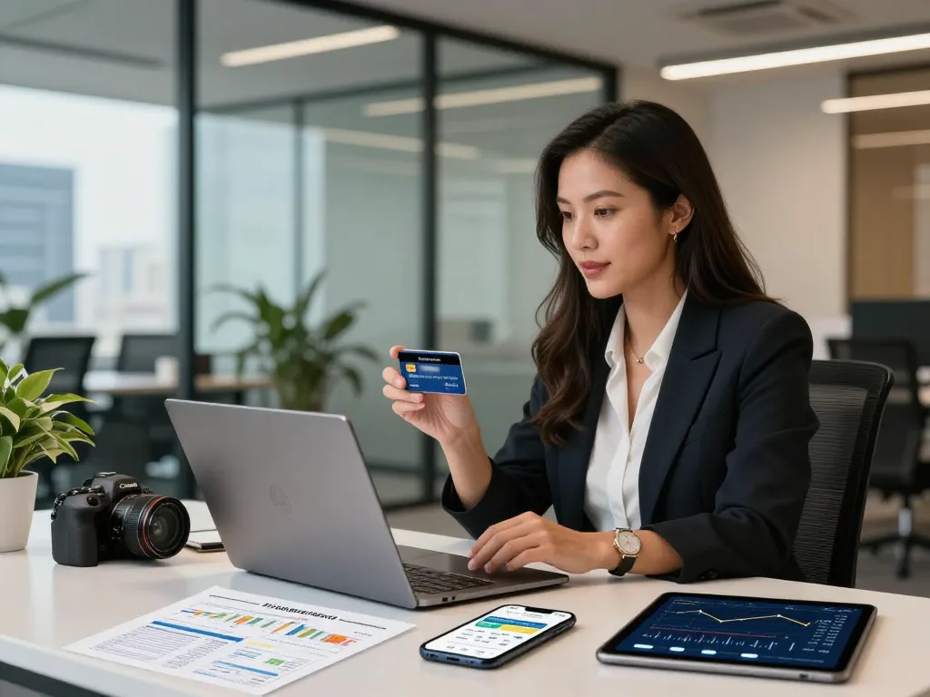 Professional woman discussing virtual card services with Antigua Bank in a modern office.