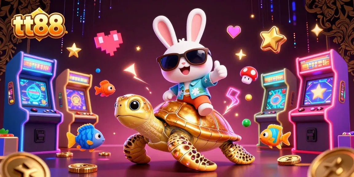 Join the fun at tt88 with a lucky rabbit and golden sea turtle in a vibrant casino scene!