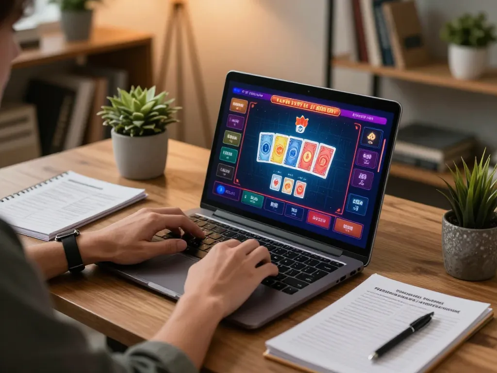Engaging in online casino gameplay at home with 789win com interface showcasing winning cards and strategic notes