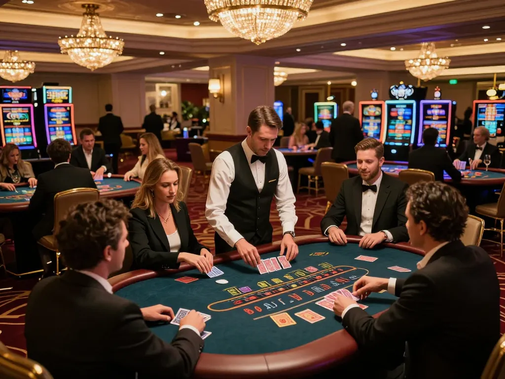 Exciting gameplay at Surebetsg casino with players at blackjack tables celebrating wins and engaging with dealers