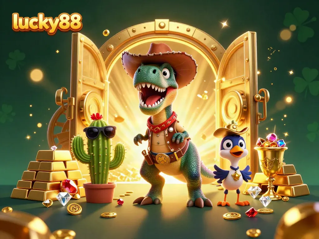 Experience thrilling gameplay with lucky88 in this vibrant casino-themed 3D illustration featuring dynamic characters and treasure elements.