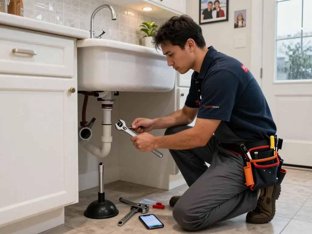 Emergency plumber Rapid City fixing a leaking pipe under a kitchen sink during a rainy day.