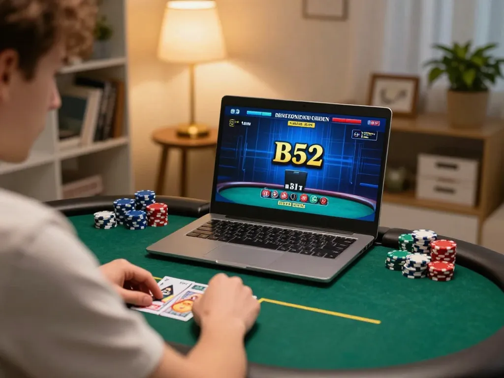 Player optimizing their strategies while enjoying B52 online poker at home, engaged in responsible gaming.