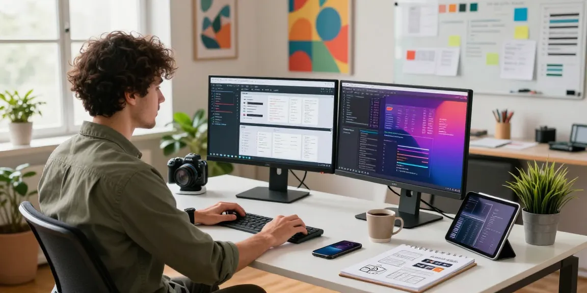 Developer engaging in web development in Gorakhpur at a modern workspace with multiple screens and creative elements.
