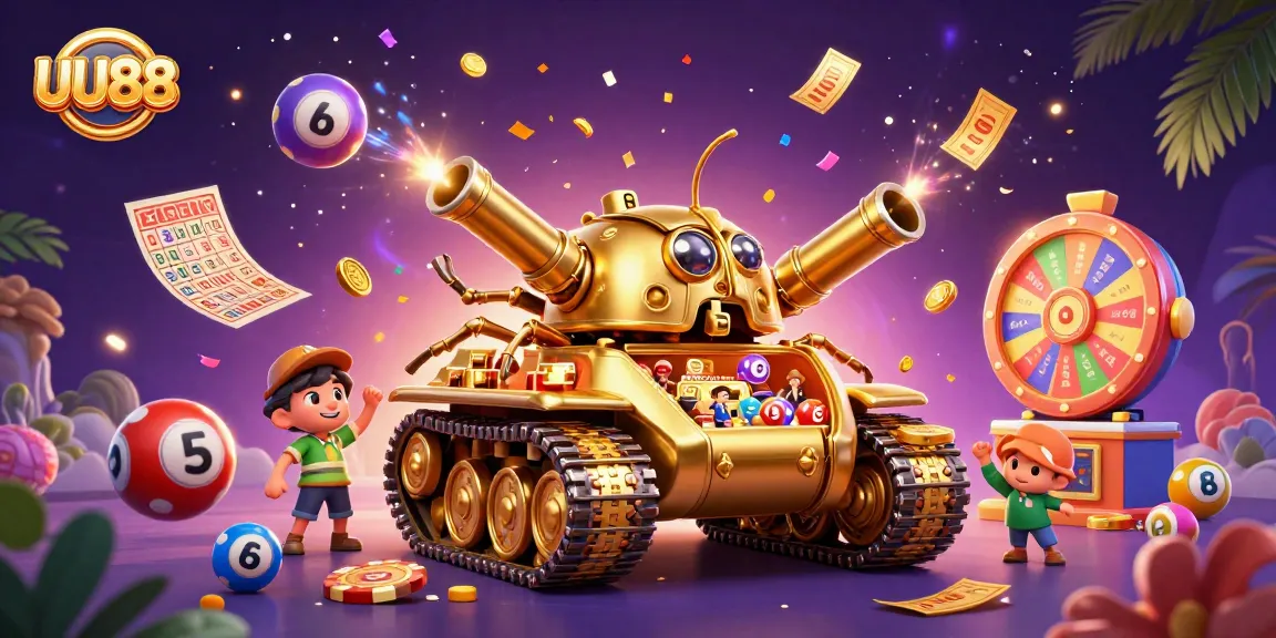 Experience gaming excitement with UU88's dynamic 3D casino tank illustration featuring confetti and prizes.