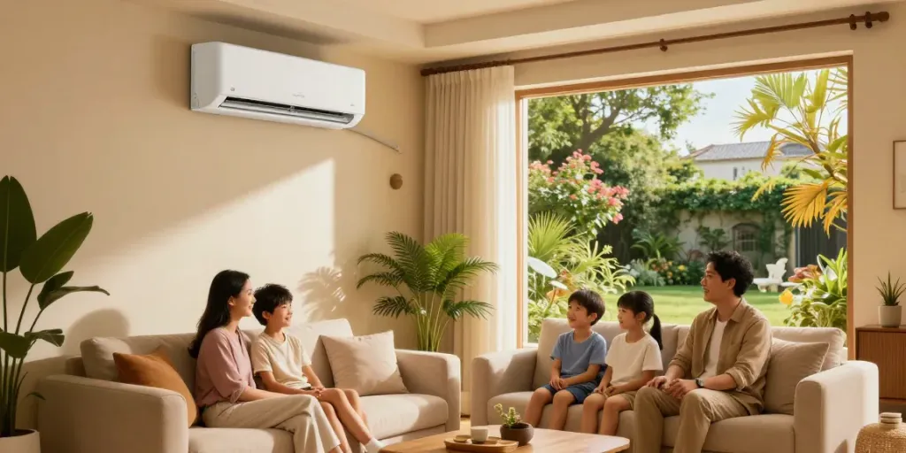 24000 btu mini split air conditioner in a cozy living room, family enjoying the cool air on a sofa.