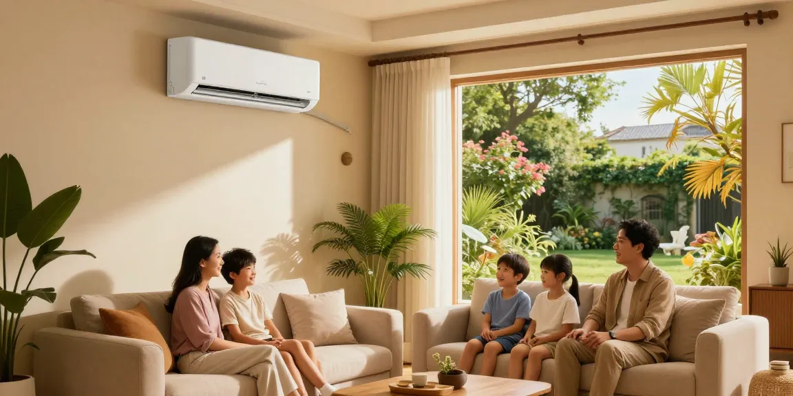24000 btu mini split air conditioner in a cozy living room, family enjoying the cool air on a sofa.