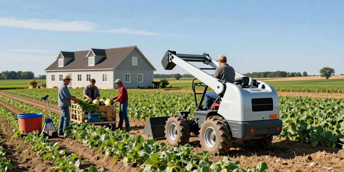 Best farm electric loader in action as a farmer works in a vibrant agricultural landscape.