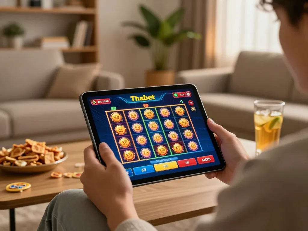 Thabet online gaming experience with a cozy setup and vibrant slot interface.