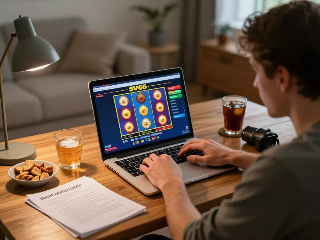 Player engaging with SV66 online casino interface while enjoying a cozy home setting
