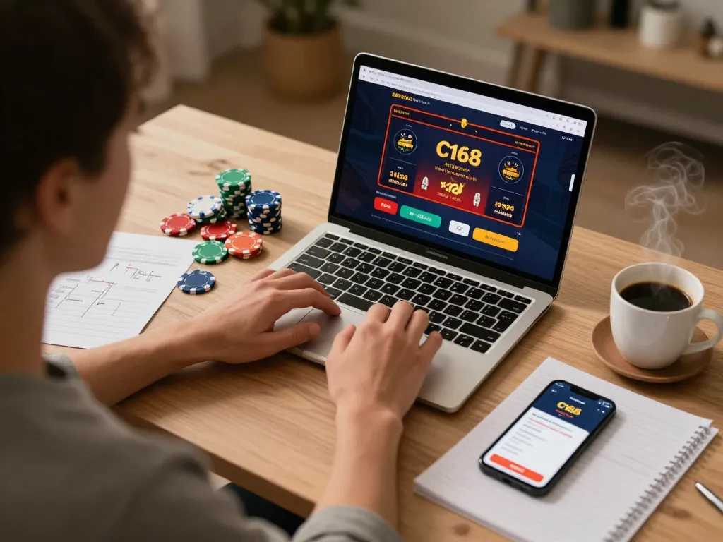 C168 online gaming session featuring a player engaging with the casino platform on a laptop, showcasing responsible gaming.