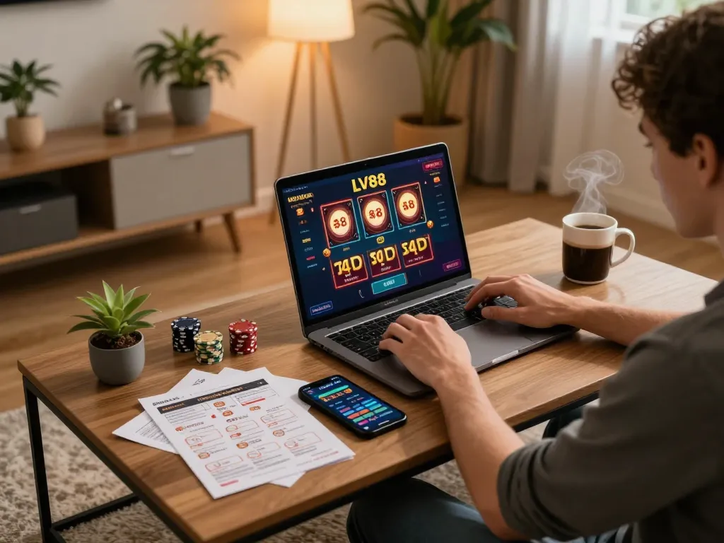 Experience strategic gameplay with LV88 at a modern home gaming setup, featuring an engaging laptop interface.