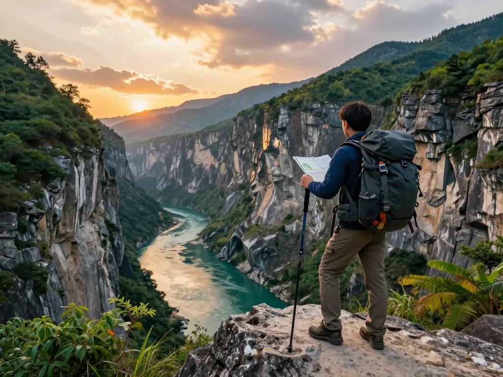 Stunning view of Taroko Gorge Taiwan with a traveler overlooking marble cliffs and lush landscape.