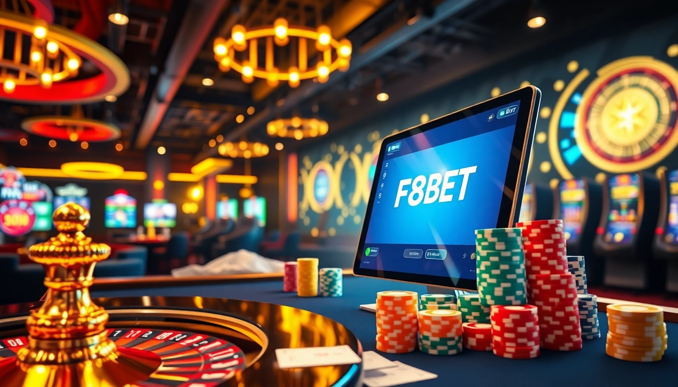 Experience the vibrant excitement of F8BET in this modern casino scene featuring poker tables, roulette wheels, and engaging online interfaces.