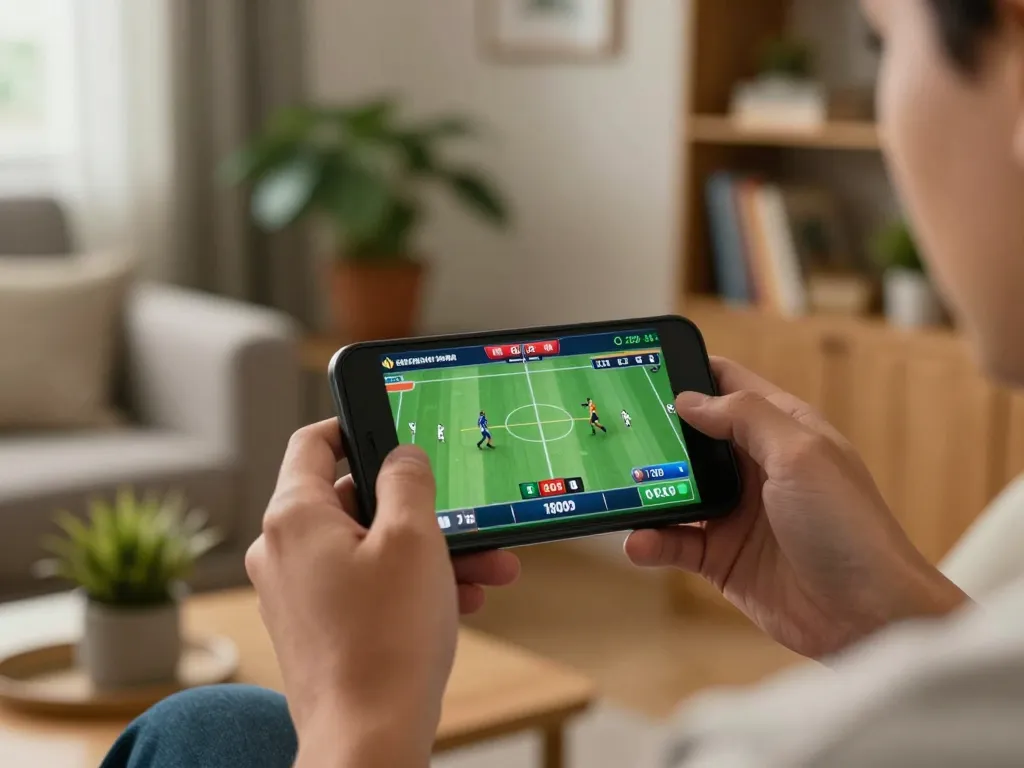 MB66 user engaging in online sports betting from home with smartphone, showcasing excitement and strategy.