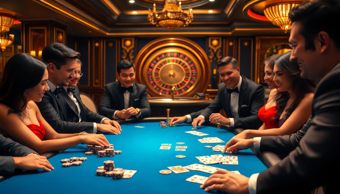 KJC poker scene with elegant gamblers and luxurious casino atmosphere, showcasing vibrant chips and engaging gameplay.