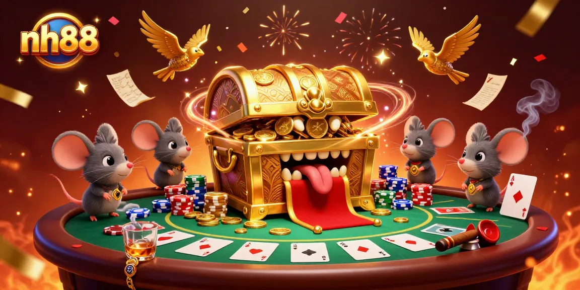 Experience exciting gaming with nh88 at a lively casino scene filled with treasure and poker action.