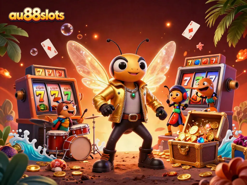 Engage with the exciting world of au88slots in this vibrant 3D illustration featuring a rock star cicada, jackpot elements, and treasure.