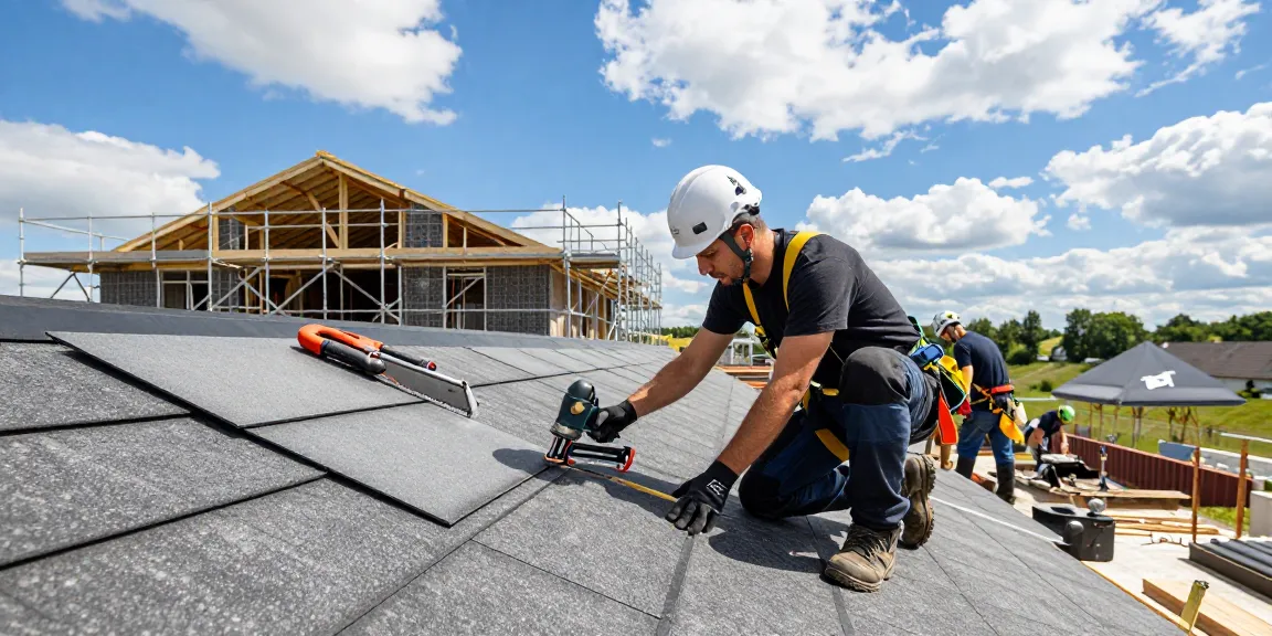 Skilled roofer at an entreprise de toiture à Seraing installing roofing materials, showcasing professional craftsmanship and teamwork.
