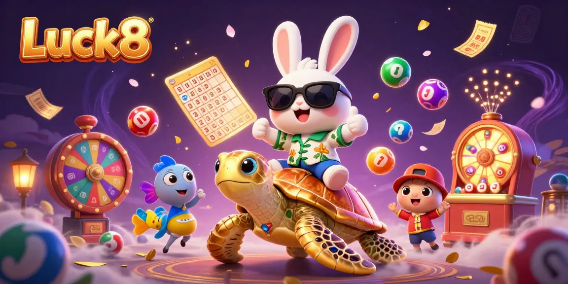 Luck8 engages players with a vibrant casino scene of a lucky rabbit and turtle amidst colorful lottery elements.