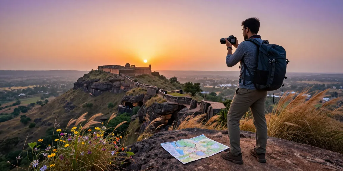 Experience the beauty of Kurnool's landscapes and historical sites at kurnool.vip with a traveler overlooking the hills during sunset.